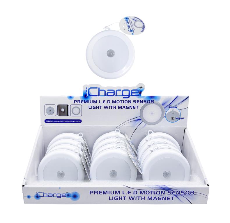 Premium LED motion sensor light, 80mm disc with magnetic backing, mounted near a doorway