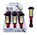 Magnetic LED work light with hook clip, 226x77x42mm, mounted on a metal workshop surface