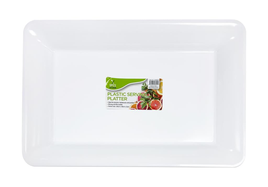 White re-usable rectangular plastic party platter 24x36cm for buffets, catering and event food service