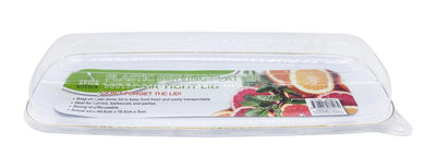 White re-usable plastic rectangular serving platter with lid and gold rim, 44.5x16.5cm, for catering transport and buffet service