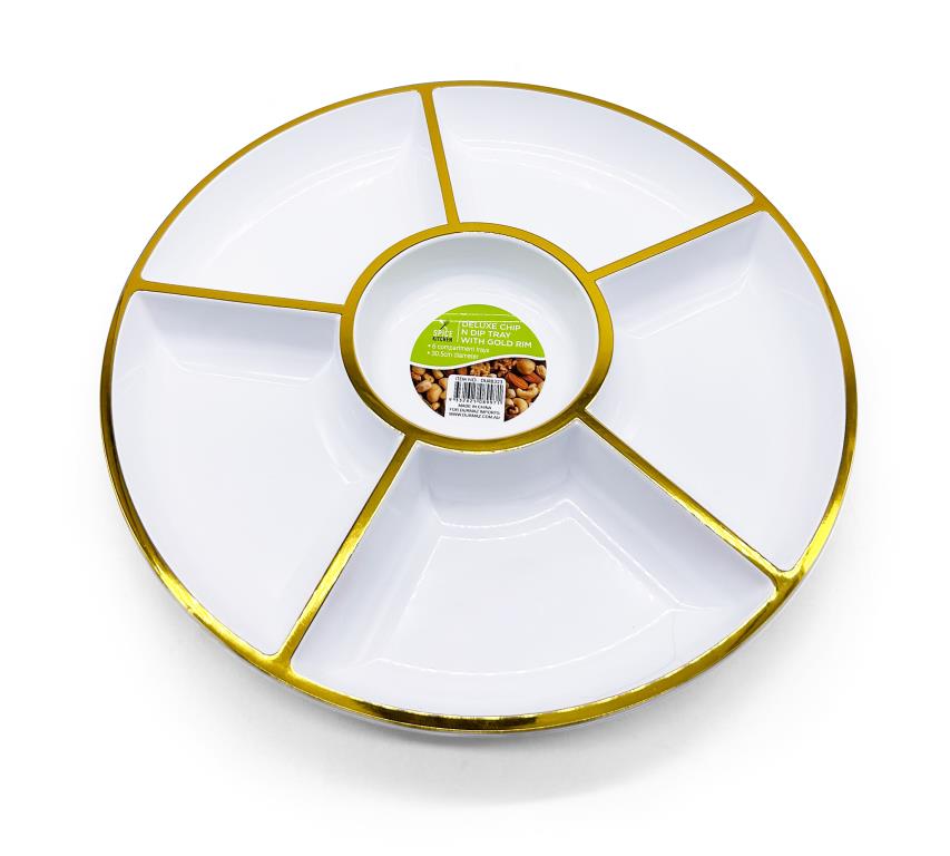 White re-usable plastic chip and dip tray with gold rim, 30.5x3.5cm, ideal for catering and party platters