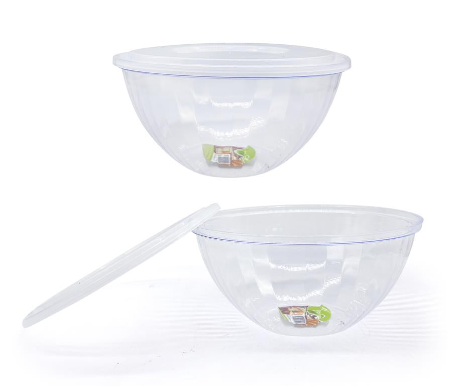Large clear plastic serving bowl 24cm with airtight snap-fit lid, for catering buffets and restaurant meal prep