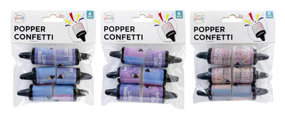 Party popper confetti 6-pack in 3 assorted colours, non-flammable, carton of 24 packs for wholesale event supply
