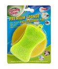 Dual-sided premium sponge scrubber pad showing soft yellow sponge side and green scourer surface, bulk 24-pack for commercial kitchens