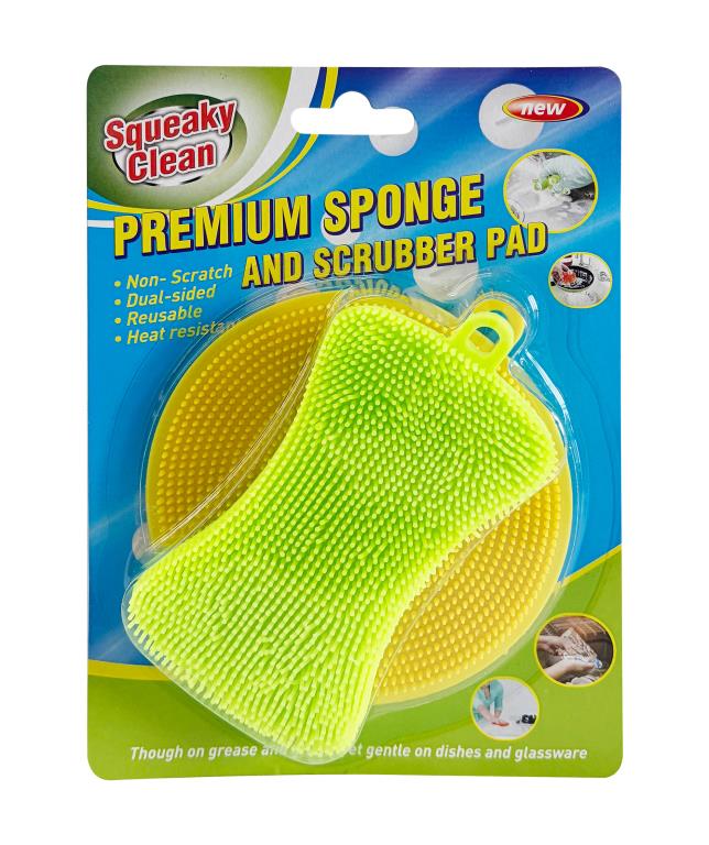 Dual-sided premium sponge scrubber pad showing soft yellow sponge side and green scourer surface, bulk 24-pack for commercial kitchens