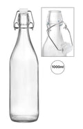 1 litre clear glass clip-top bottle 8.5cm diameter x 30.5cm tall, swing top seal for cafe, bar and food storage use