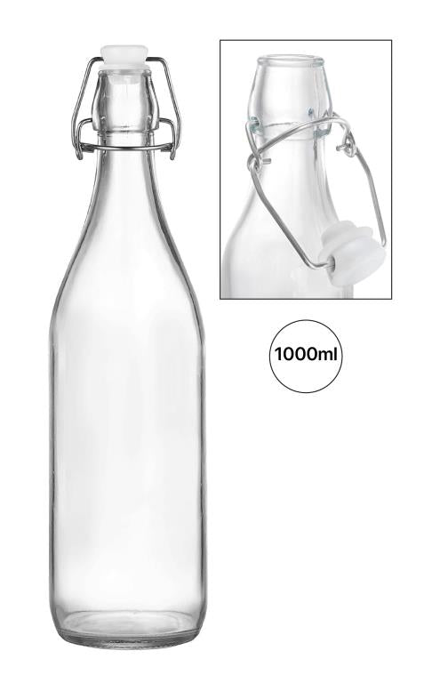 1 litre clear glass clip-top bottle 8.5cm diameter x 30.5cm tall, swing top seal for cafe, bar and food storage use