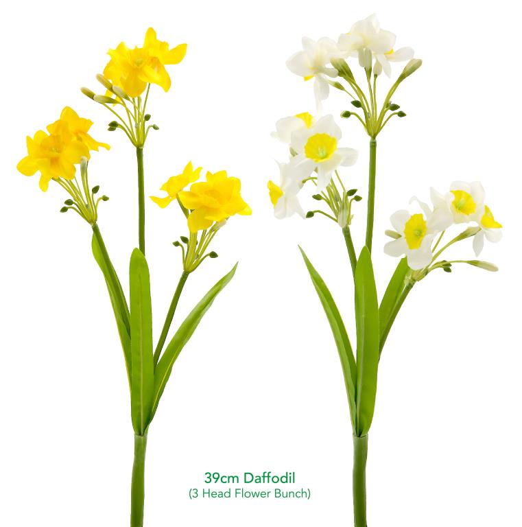 Artificial daffodil 3-branch bunch 39cm in assorted colours, polyester stems for retail display and event table styling
