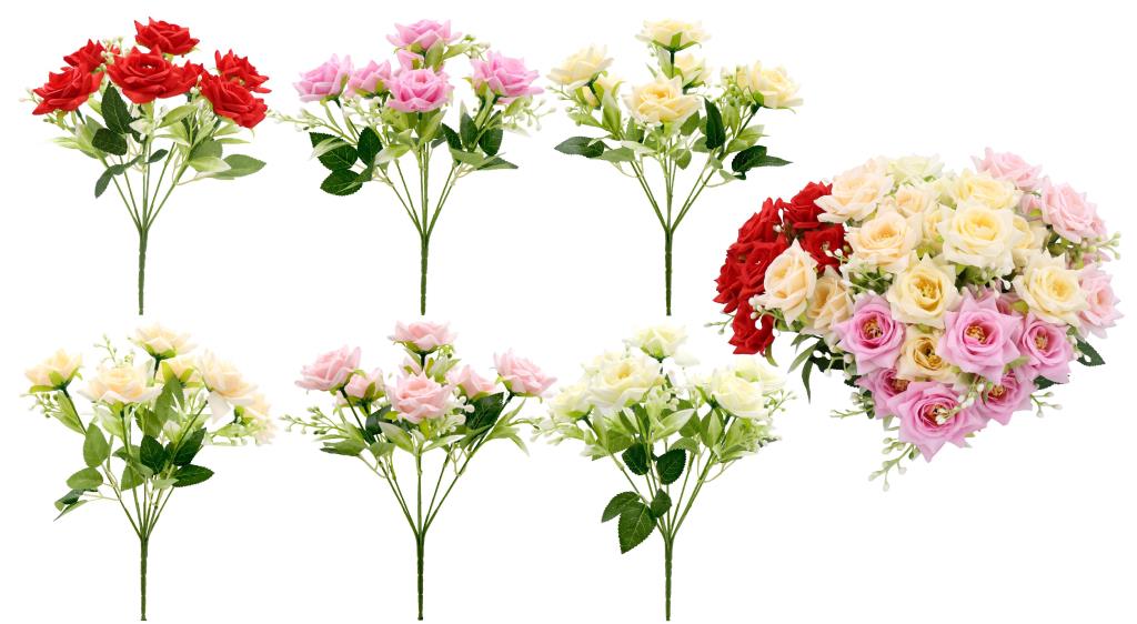 Artificial rose 7-stem bunch 32cm assorted colours wholesale bulk decorative roses DPack