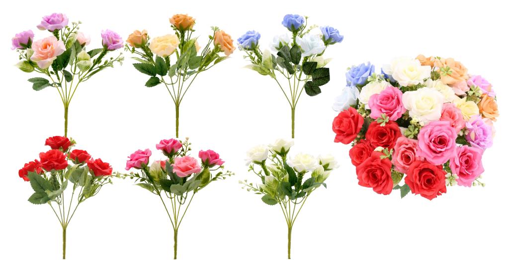 Artificial rose 5-stem bunch 30cm assorted colours polyester, wholesale for wedding table styling and retail florist display