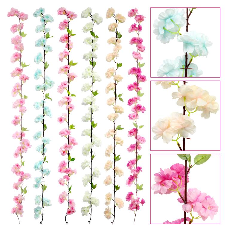 Artificial cherry blossom garland 180cm with leaves, full blossom and leaf coverage for wholesale wedding and event styling