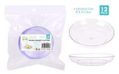 12 Pack Clear Round Mini Dessert Platters - 8.5 x 1.8cm