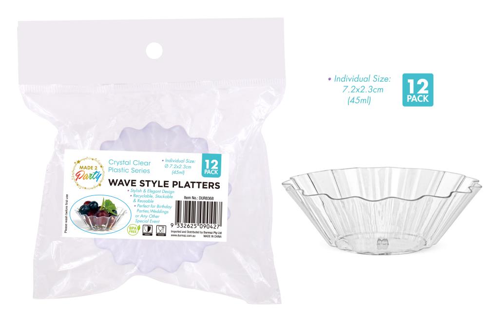 12-pack clear plastic wave-style mini canape platters 7.2x2.3cm for cocktail function and canape service