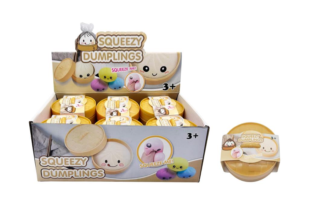 Squishy dumpling novelty toy 8cm in 4 assorted colours, carton of 24, for wholesale party bag and toy retail use