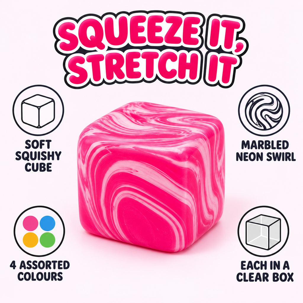 Squeeze and stretch squishy cube with marbled neon swirl, 4 colours, each in a clear box