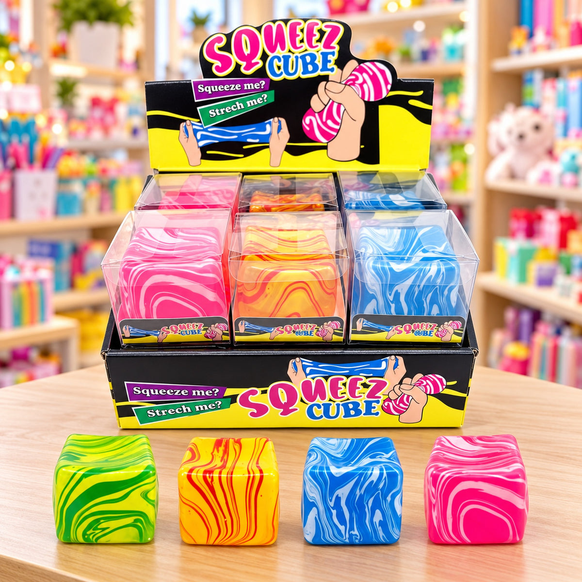 Squeez Cube counter display of boxed squishy cubes on a gift shop counter