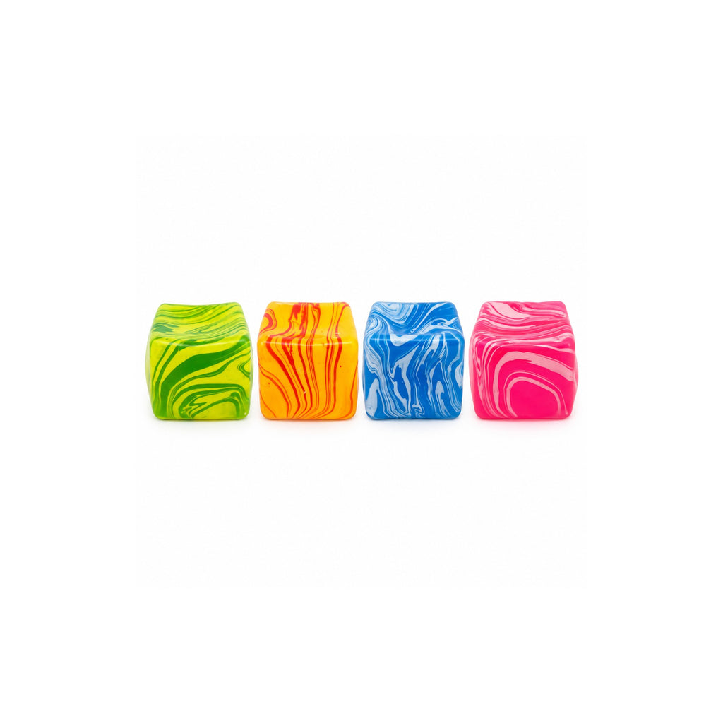 Squishy cube toys in green, orange, blue and pink marbled neon swirl on a white background