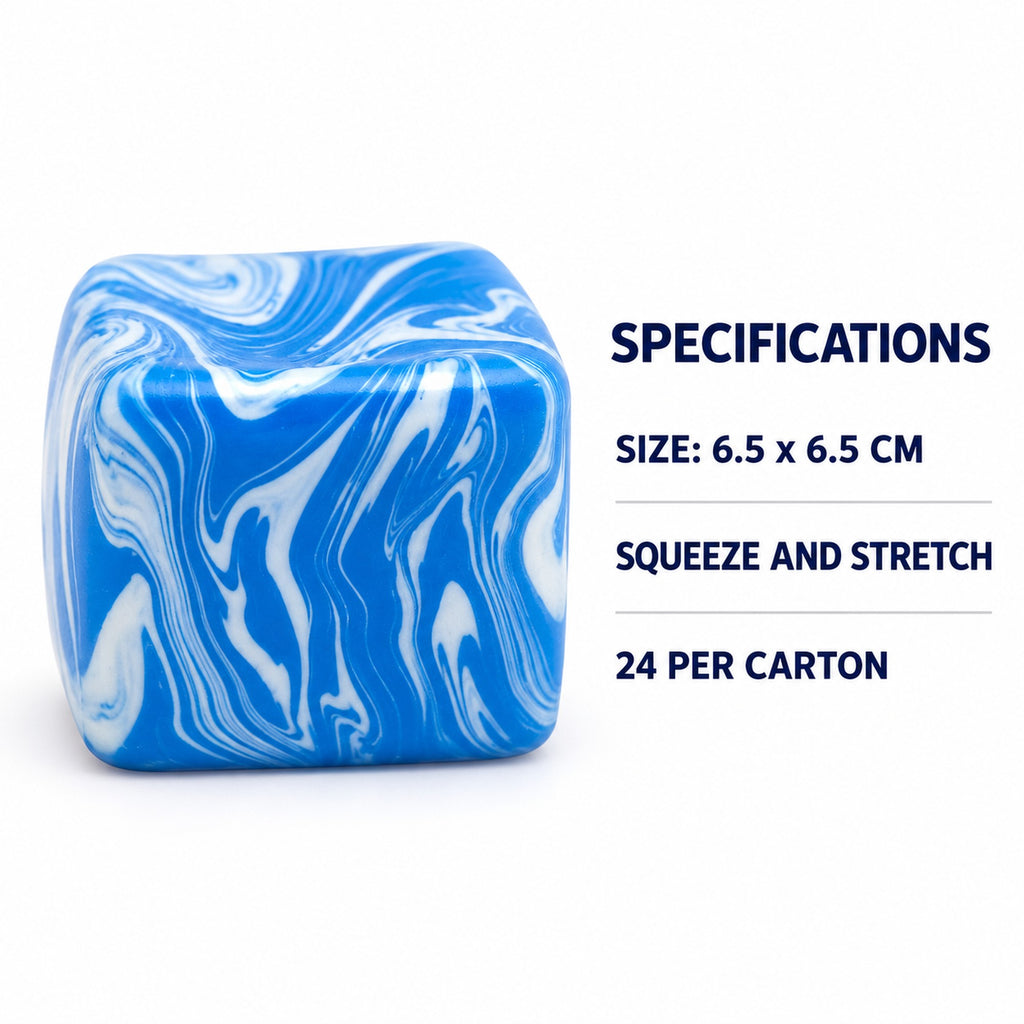 Squishy cube specs: 6.5 x 6.5cm, squeeze and stretch, 24 per carton