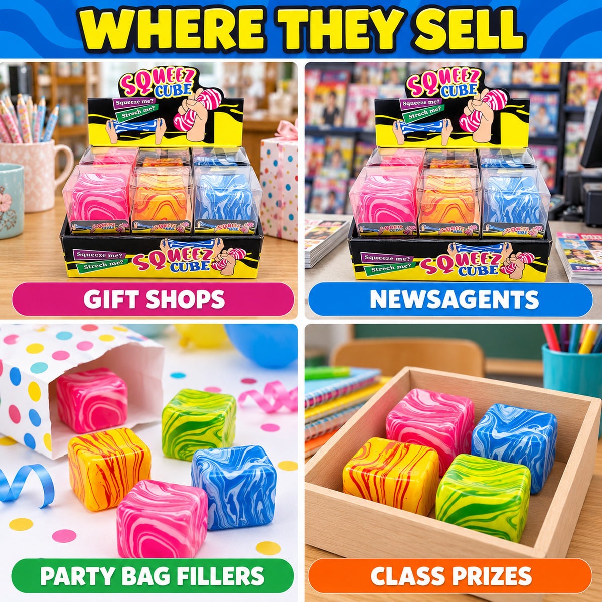 Squishy cubes for gift shops, newsagents, party bag fillers and class prizes