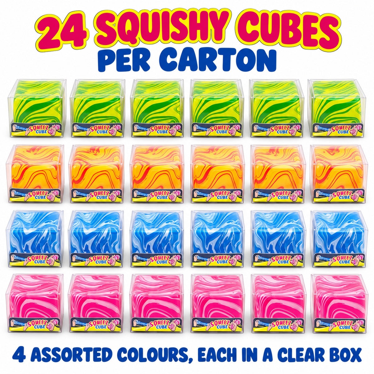 Carton of 24 squishy cubes in 4 assorted swirl colours, each in a clear box