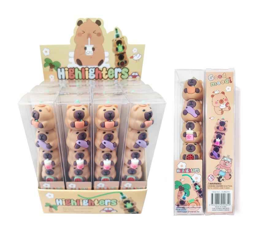 Capybara stackable highlighters set of 5 colours 18.5cm - novelty bulk highlighters for school and office