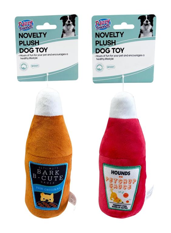 Plush novelty squeaky dog toys shaped like ketchup and BBQ sauce bottles, 8x20cm, assorted per retail pack