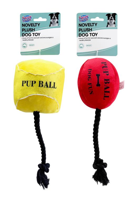 Plush squeaky ball-on-rope dog toy, 10x33cm, soft fabric, assorted designs per retail pack