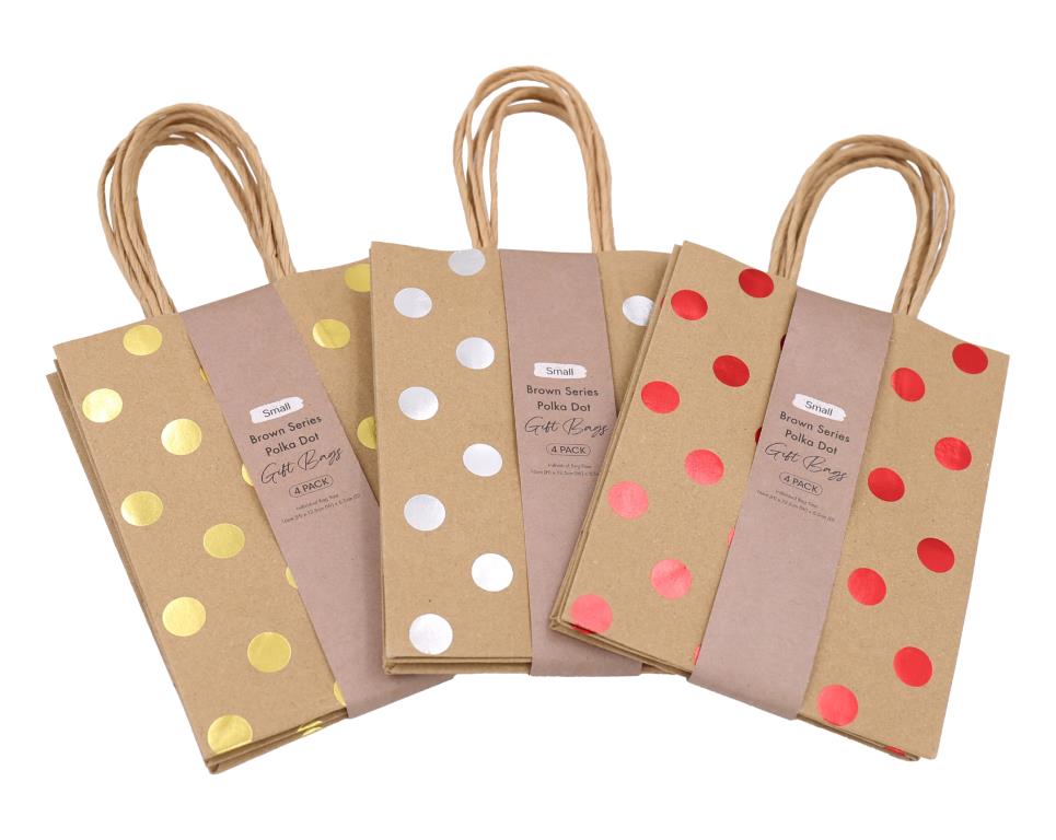Small brown polka-dot kraft paper gift bags with handles, 16cm, four bags per pack