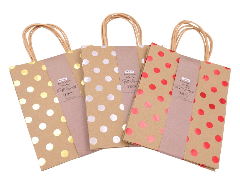 Medium brown polka-dot kraft paper gift bags with handles, 22.5cm, three bags per pack