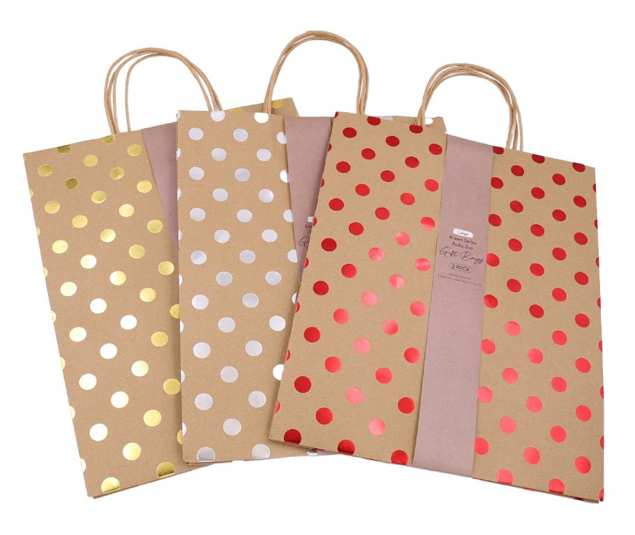 Large brown polka-dot kraft paper gift bags with handles, 32.5cm, two bags per pack