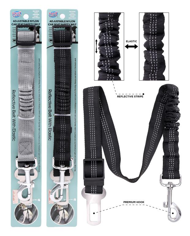 Extendable reflective nylon dog car seat belt with metal hook and buckle tongue clip, adjustable 50-84cm