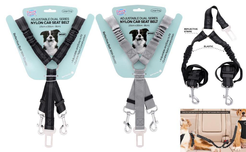 Dual-series nylon dog seat belt with Y-split bungee and two metal hooks for large dog car restraint, adjustable 50-84cm