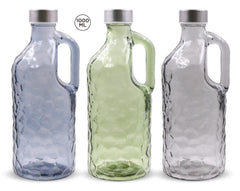 1LTR Coloured Ripple Series Glass Water Bottle W/Handle