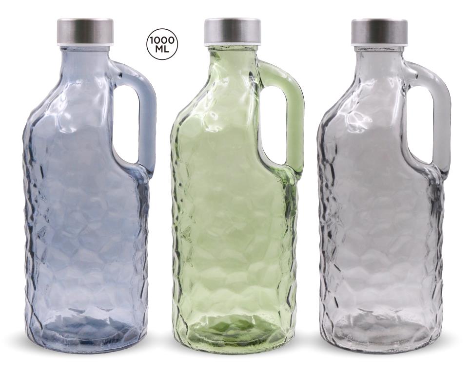 1LTR Coloured Ripple Series Glass Water Bottle W/Handle - wholesale bulk packaging | DPack
