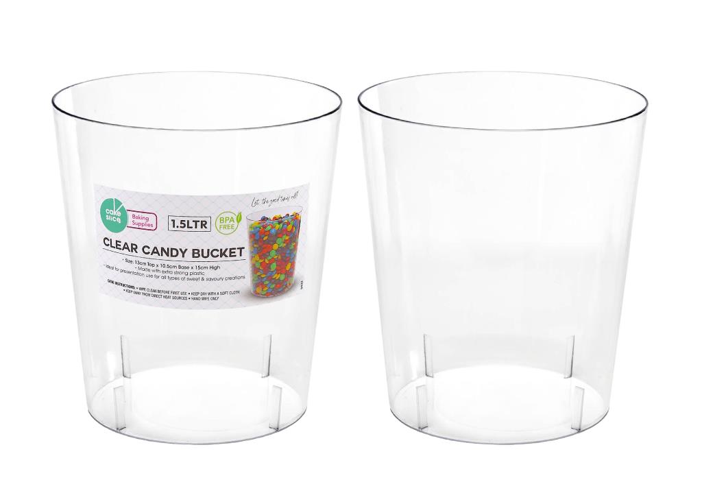 Small clear plastic candy bucket, 1.5 litre, 15cm, for lollies, treats and party candy bars