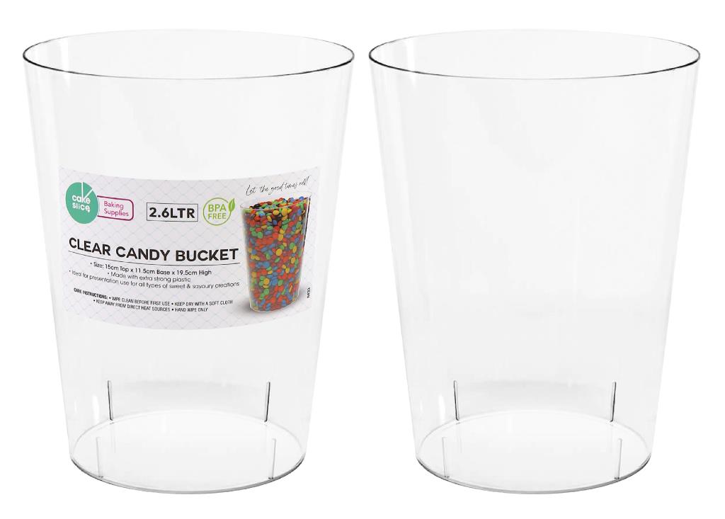 Medium clear plastic lolly bucket, 2.6 litre, 19.5cm, for candy buffets and party treats