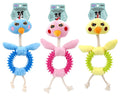 Plush chicken dog chew toy with spiky rubber chew ring and rope legs in blue, pink and yellow, 28cm