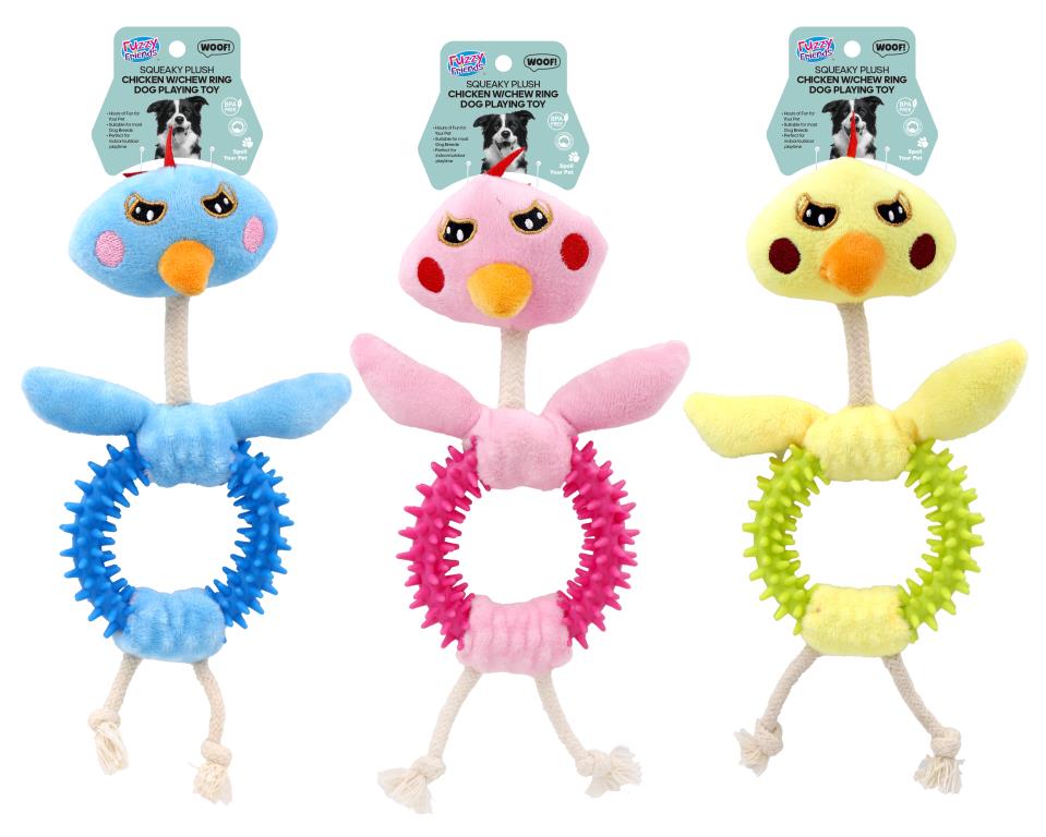 Plush chicken dog chew toy with spiky rubber chew ring and rope legs in blue, pink and yellow, 28cm