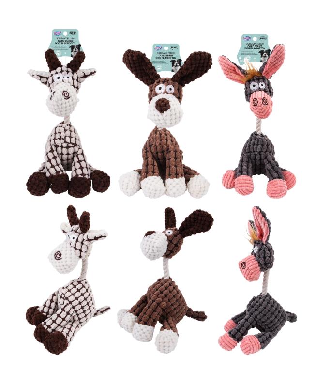 Soft plush cord-series dog toy, assorted animal design, 25cm, for everyday play and pet-store resale