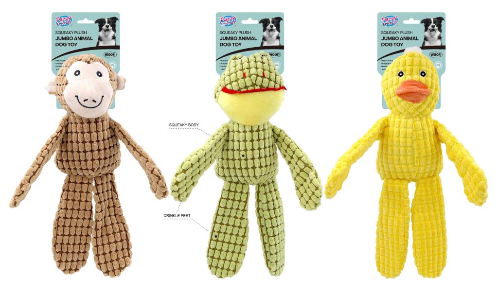 Oversized jumbo plush dog toy, 40 by 42cm, assorted animal design, sized for big dogs