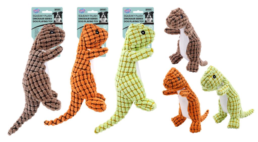 Jumbo plush dinosaur dog toy in assorted colours, 30cm long, for medium and large dogs