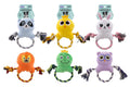 Plush dog rope toy set: six squeaky plush animals with cotton rope rings and knotted arms, raccoon, chick, bunny, lion