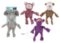 Soft dog toys: squeaky plush animal series in grey, pink, brown and purple ribbed plush with knotted limbs, 30cm