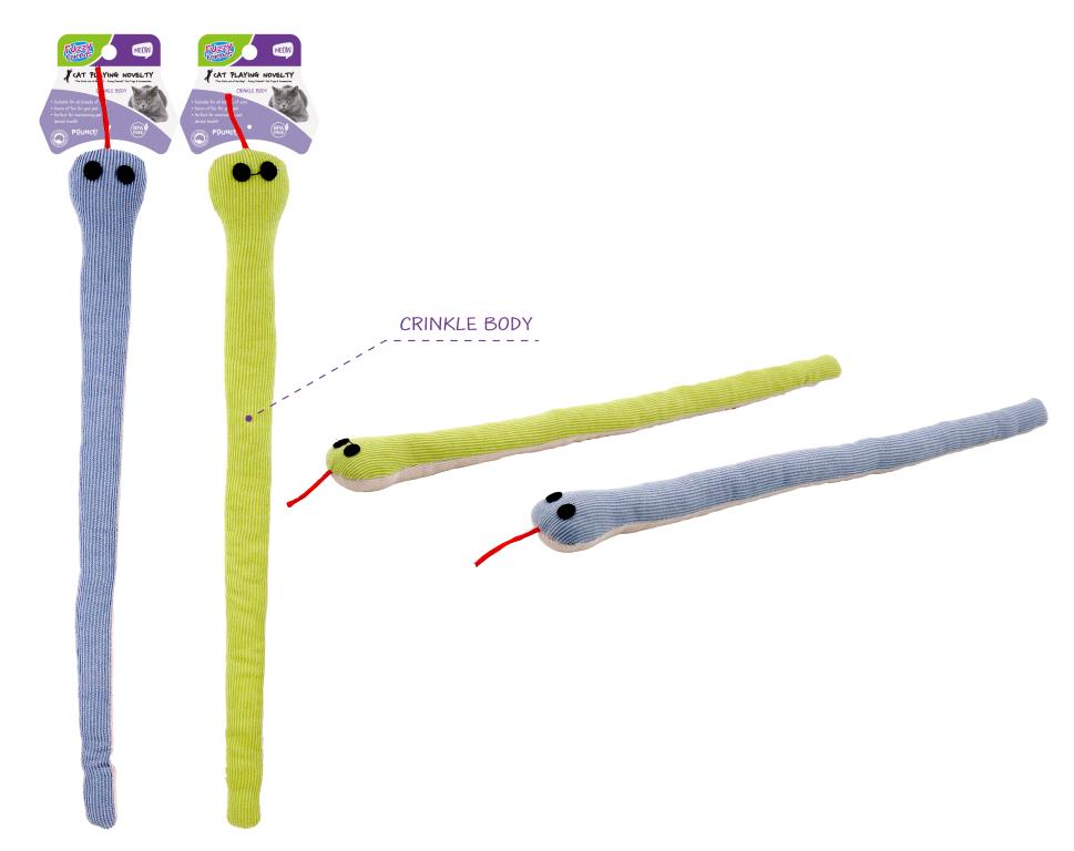 Long plush snake cat toy, 37cm, assorted colours, for pounce and kick play