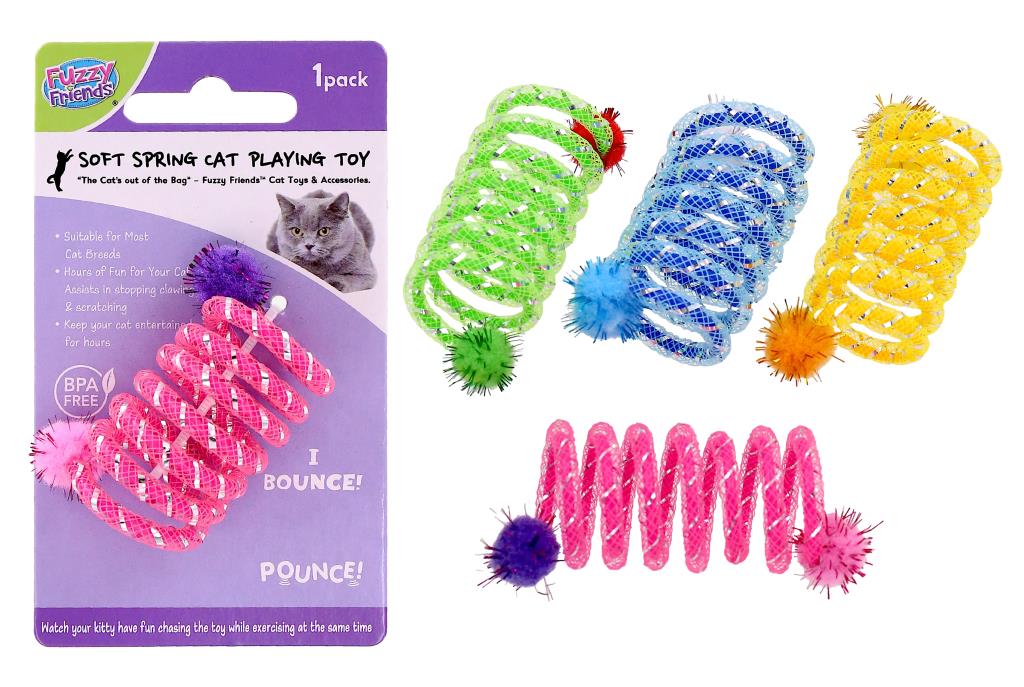Soft coiled spring cat toy 5CM x 3CM in assorted colours - bouncy solo play toy for cats