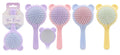Kids pastel hair brush with round bear-ear head and small mirror on the back in lilac, pink, blue and yellow