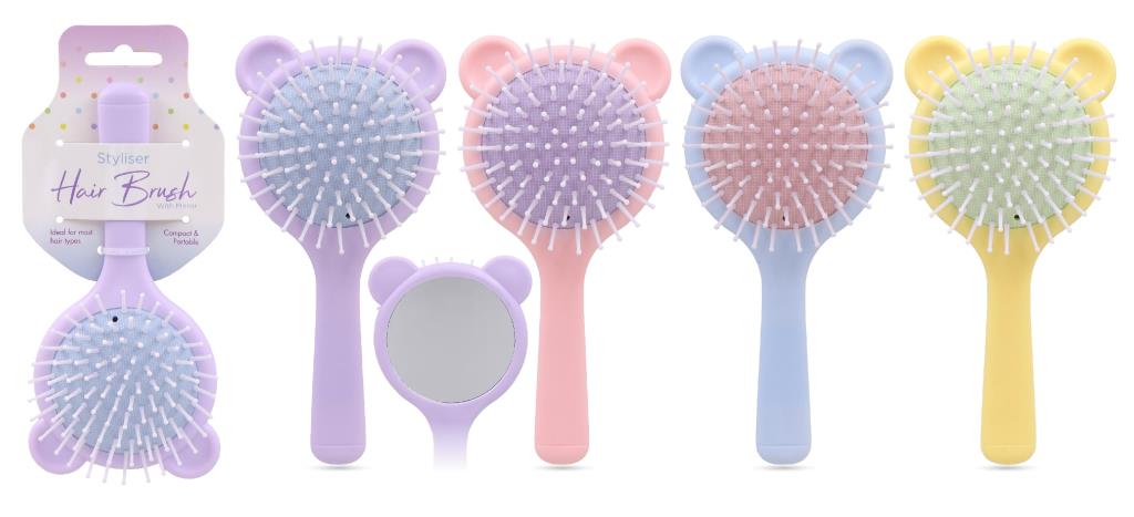 Kids pastel hair brush with round bear-ear head and small mirror on the back in lilac, pink, blue and yellow