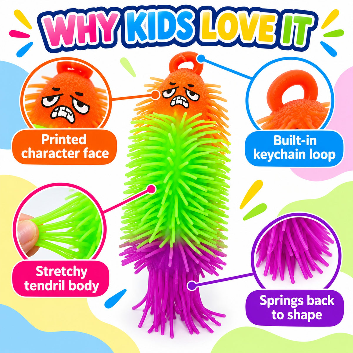 Stretchy toy features: tendril body, springs back to shape, keychain loop, printed character face