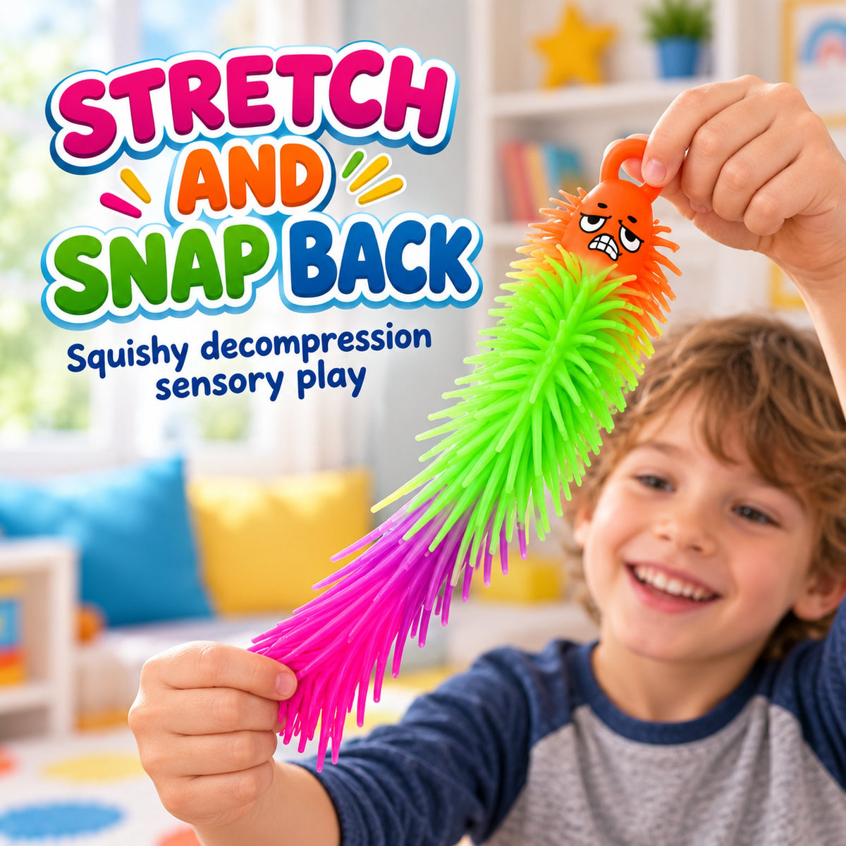 Child stretching a neon puffer stretchy toy for squishy decompression sensory play