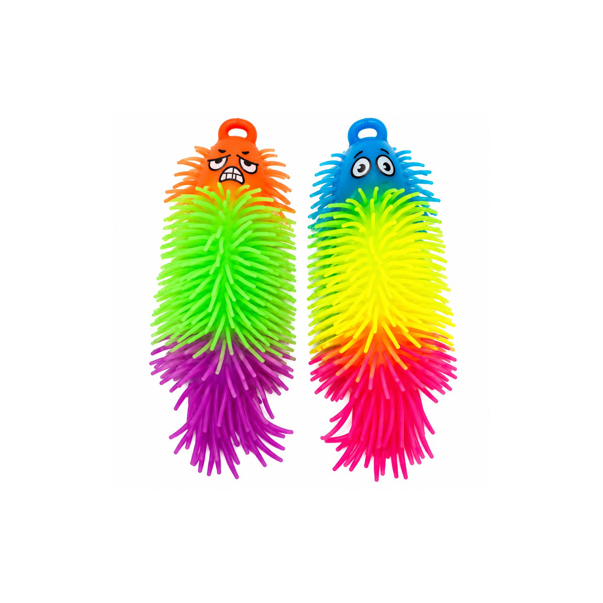 Neon stretchy toy puffer critters with tendrils and keychain loop, 2 assorted designs, on white